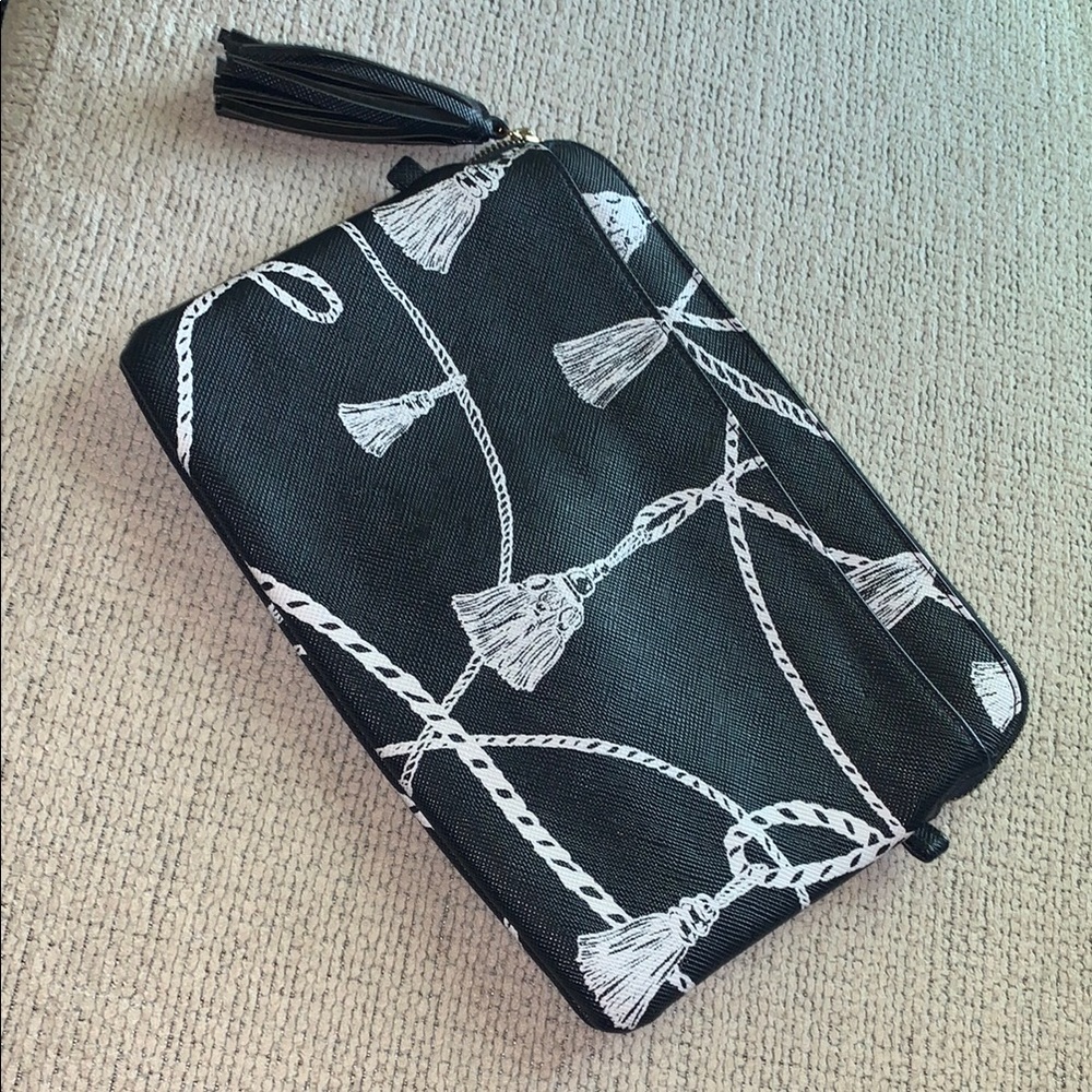 Chicos 8.5”x11” Lap Top Black and White Tassel Print Clutch